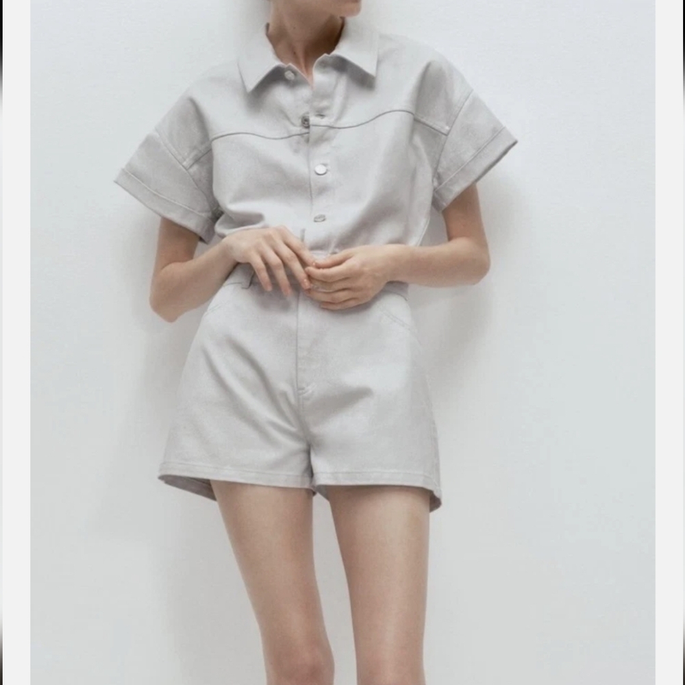 Zara Denim Cotton Silver Gray Metallic Button-up Romper